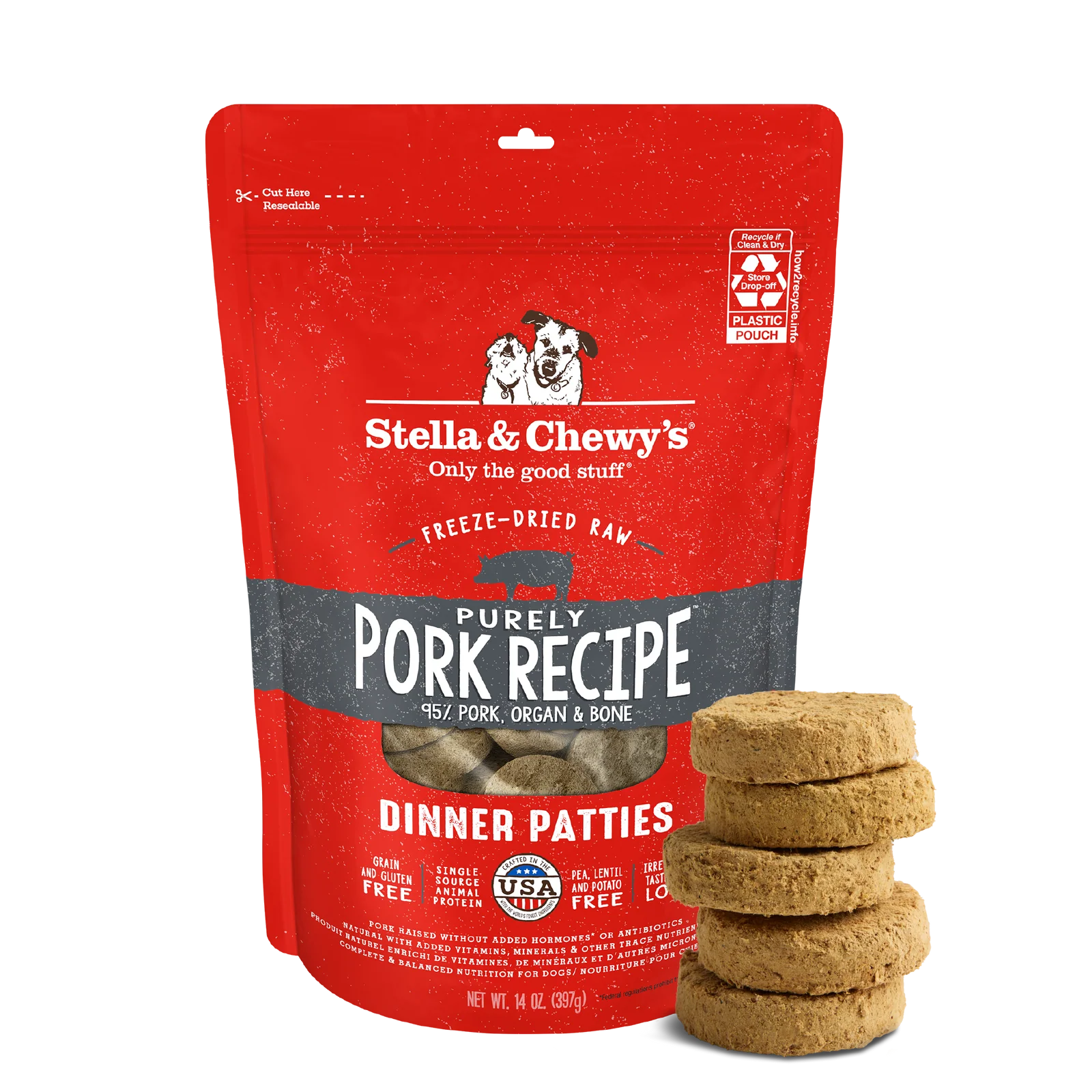 Stella & Chewy's Purely Pork freeze-dried raw dinner patties Stella & Chewy's Purely Pork freeze-dried raw dinner patties raw dog food front view
