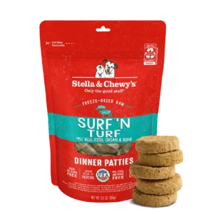 Stella & Chewy's Surf N Turf freeze-dried raw dinner patties bag side angle